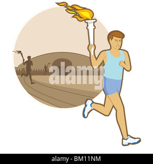 Atleta che corre con una torcia olimpica Foto Stock
