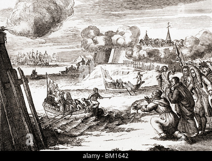 Re Giacomo II sbarcò a Kinsale, in Irlanda, il 14 marzo 1689, nel tentativo di recuperare il trono inglese. Il suo arrivo portò alla battaglia del Boyne e alla sua sconfitta da parte di Guglielmo III Giacomo II d'Inghilterra, dal 1633 al 1701. Re d'Inghilterra e d'Irlanda, e come Giacomo VII, di Scozia. Dopo una stampa contemporanea di Pieter Pickaert. Foto Stock