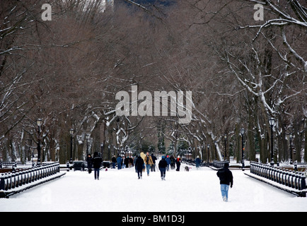 La gente a piedi attraverso il mall di Central Park dopo una tempesta di neve, la città di New York, nello Stato di New York, Stati Uniti d'America Foto Stock