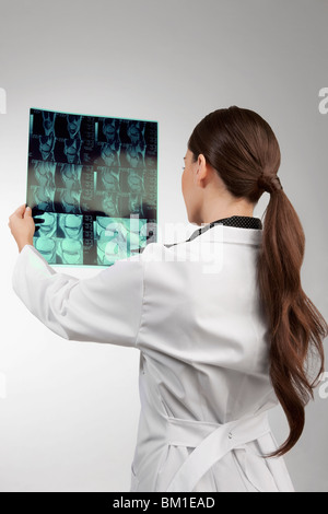 Medico donna esaminando un x-ray relazione Foto Stock