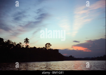 Tramonto, Sungai fiume Kinabatangan, Sabah Borneo, Malaysia, Asia sud-orientale, Asia Foto Stock