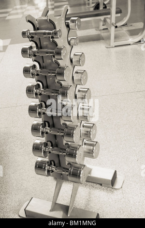 Pesi su un rack in una palestra Foto Stock