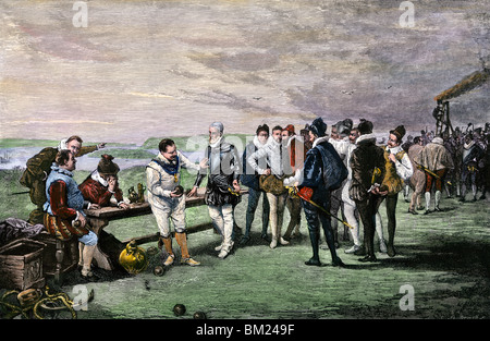 Inglese ufficiali navali giocando a bocce prima di attaccare la Armada spagnola, 1588. Colorate a mano la xilografia Foto Stock