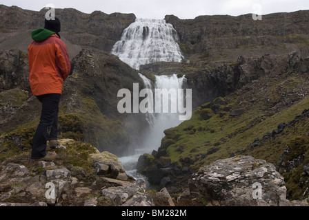 Donna ammirando le cascate Dynjandi, Westfjords, Islanda, regioni polari Foto Stock