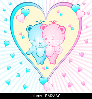 Orso simpatico cartoon il set di caratteri all'interno di una grande rosa e blu amore forma di cuore, sunburst sfondo con piccoli cuori Foto Stock