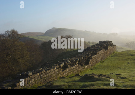 Balze Walltown guardando ad est, parete di Adriano, Sito Patrimonio Mondiale dell'UNESCO, Northumberland, Regno Unito Foto Stock