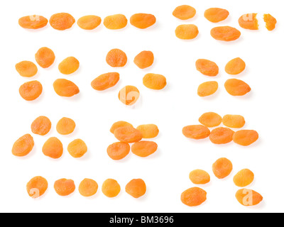 Gruppi di albicocche secche su sfondo bianco. Foto Stock