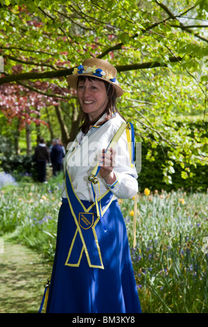 Newburgh Morris squadra di donne ballerini lato. Costumi gialli blu, indossati da donne che eseguono danze folcloristiche. Open Day al Parbold Hall, Lancashire, Regno Unito Foto Stock