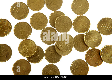 Venti centesimi di euro texture, la moneta europea su bianco Foto Stock