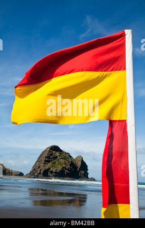 Surf lifesaving bandiera su Piha Beach. Piha, Waitakere gamme Parco Regionale, Auckland, Isola del nord, Nuova Zelanda Foto Stock