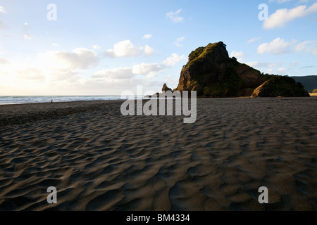 Vista lungo Piha Beach a Lion Rock. Piha, Waitakere gamme Parco Regionale, Auckland, Isola del nord, Nuova Zelanda Foto Stock