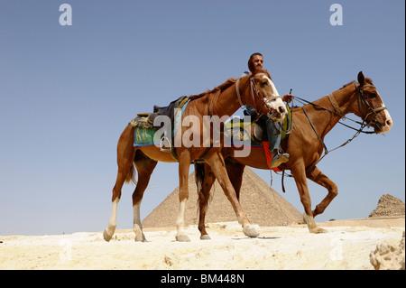 Horse rider ,Piramidi di Giza, Necropoli di Giza confinanti con che cosa ora è El Giza, Cairo , Egitto Foto Stock