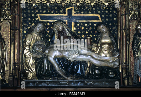 Tre Marys & Cristo sul letto della morte, gotica c15 pala d'altare in legno, Chiesa di San o San Giacomo, Perpignan, Languedoc Roussillon, Francia Foto Stock