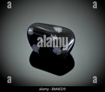 Spaccato di un fiocco di neve gemma di ossidiana su sfondo nero Foto Stock