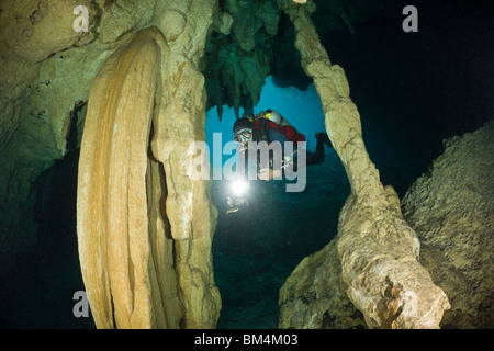 Scuba Diver in Car Wash Cenote Aktun Ha, Tulum, la penisola dello Yucatan, Messico Foto Stock