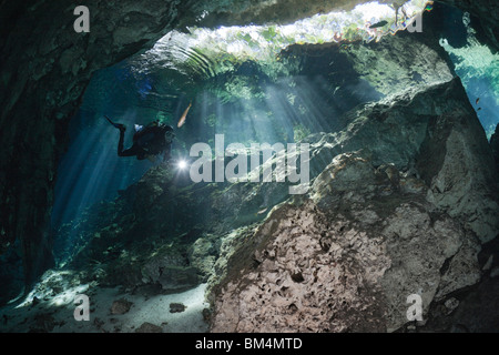 Scuba Diver in Gran Cenote, Tulum, la penisola dello Yucatan, Messico Foto Stock