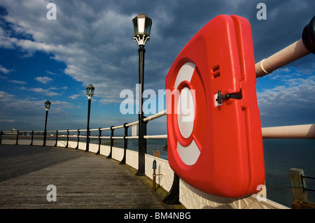 Red salvagente/anello nel contenitore su Worthing pier promenade - 15 Maggio 2010 Foto Stock