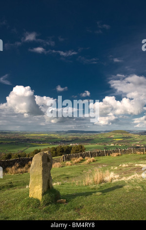 Boundry pietra sul legno Scarth Moor, verso Roseberry Topping, Cleveland, North York Moors, Regno Unito Foto Stock