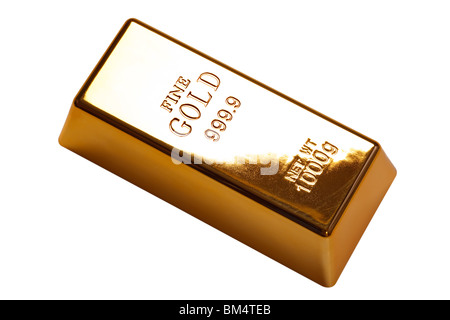 Foto di un 1kg gold bar isolato su uno sfondo bianco con tracciato di ritaglio Foto Stock