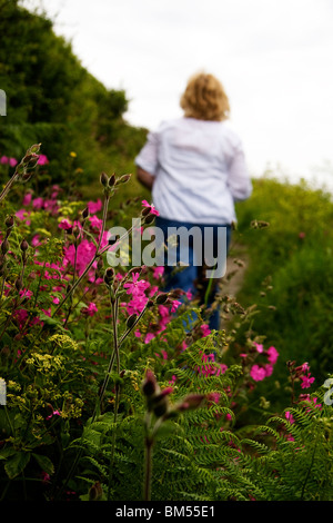 Una donna cammina lungo un percorso di paese sulle colline sopra Polperro con fiori selvatici in fiore Foto Stock