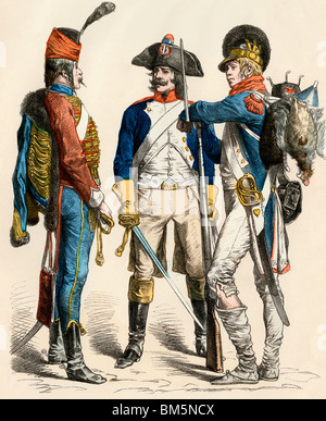 Ussaro francese, cavalleria, e uniformi della fanteria, 1795-1796. Colorate a mano la stampa Foto Stock