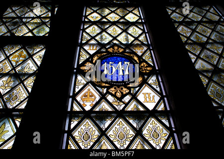 Vetrata datata 1547, la Cattedrale di Lincoln. Foto Stock