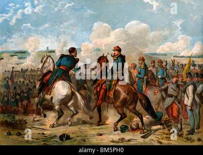 Napoleone III leader francese e il sardo le forze contro gli Austriaci a Solferino, Italia, 1859. Litografia a colori Foto Stock