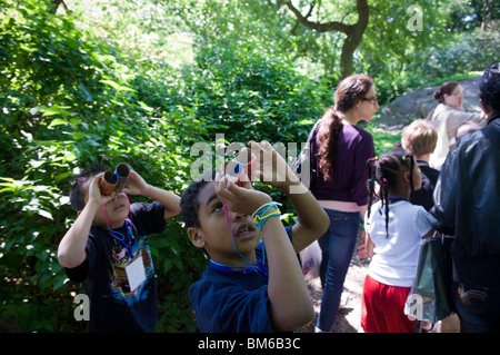 Primo grado studenti vanno birdwatching nel Central Park di New York con un binocolo fatti in casa Foto Stock