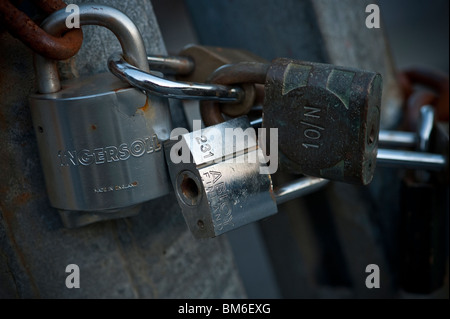 Interlocked concatenate ad incastro lucchetti su un cancello Foto Stock