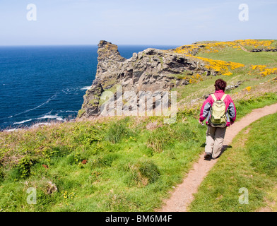 Una donna che cammina lungo la costa sud occidentale il percorso nei pressi di Boscastle nel North Cornwall, England, Regno Unito Foto Stock