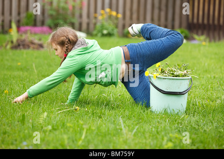 Bambina lavora in giardino, ripulendo dalle erbacce di tarassaco da prato Foto Stock