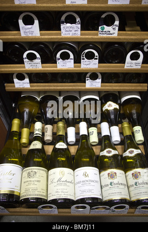 Una selezione di raffinati Montrachet Vino in Eurocave Cabinet per conservazione Foto Stock