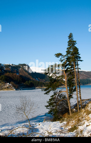 Serbatoio Thirlmere ghiacciato in inverno, Lake District, Cumbria, England, Regno Unito Foto Stock