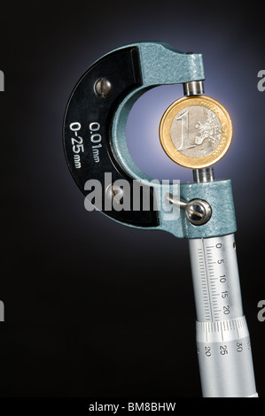 Lucido nuove monete in euro detenute in micrometri Pound coin squeeze finanziaria inflazione sotto controllo visivo ravvicinato Foto Stock