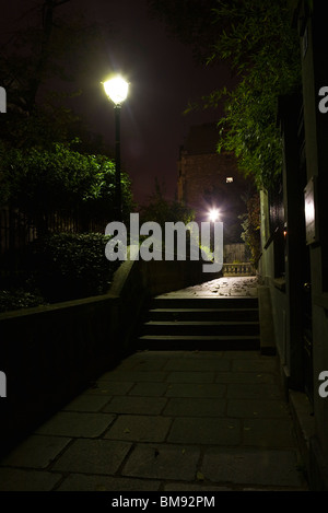 Scale illuminate dai lampioni, Montmartre, Parigi, Francia Foto Stock