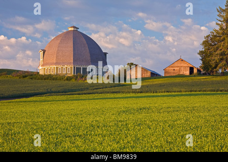 Whitman County, WA sole mattutino sul round barn sotto cieli di compensazione Foto Stock