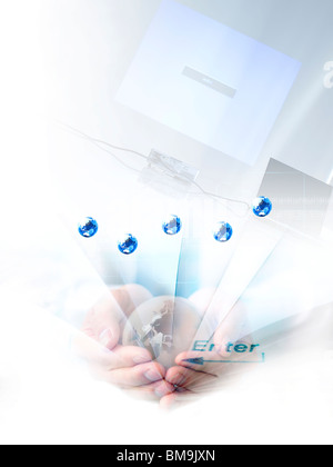 Immagine del computer portatile e uomo holding globe, computer grafica, sfondo bianco Foto Stock