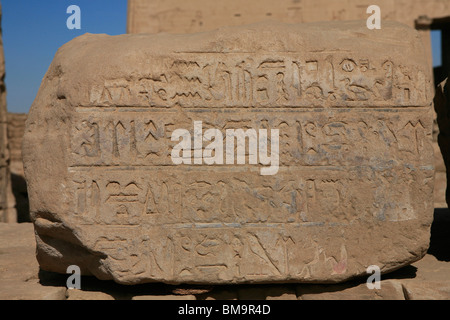 Geroglifici su una lastra di pietra al di fuori del Tempio di Horus in Edfu, Egitto Foto Stock