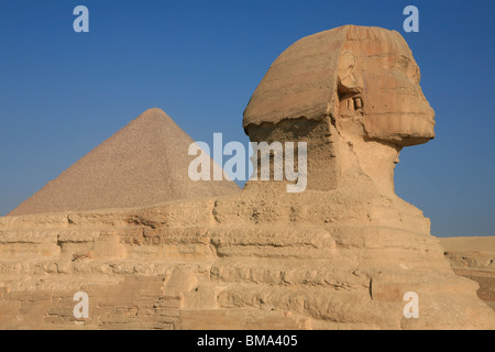 La Grande Sfinge di Giza con la grande Piramide del faraone Cheope in background in Giza, Egitto Foto Stock