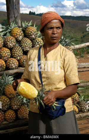 Donna vendita di ananas, Madagascar Foto Stock