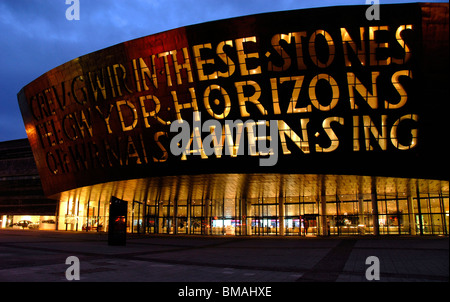 Millennium Centre, illuminazione, Cardiff Wales, Regno Unito Foto Stock