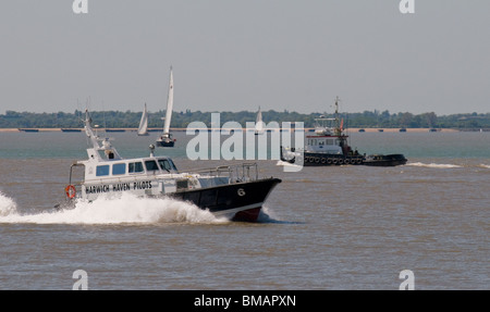 Un pilota di Harwich in barca a vela nel porto di Felixstowe in Sufolk. Foto di Gordon Scammell Foto Stock