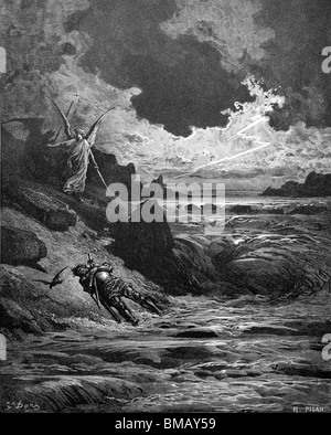 Incisione di Gustave Doré da Dante Alighieri nella Divina Commedia "il purgatorio e il paradiso"; Buonconte da Montefeltro sta morendo Foto Stock