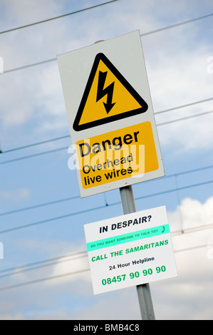 Pericolo cavi aerei sotto tensione segno e samaritani segno in corrispondenza di un bordo di una linea ferroviaria in Inghilterra. Foto Stock