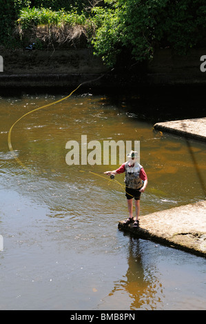 La pesca a mosca sul fiume Boyne in Trim County Meath Irlanda Foto Stock