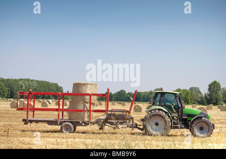 Il trattore lavora su un campo, raccolta di balle di fieno Foto Stock