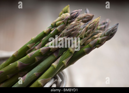 Un mazzetto di asparagi freschi in un cestello Foto Stock