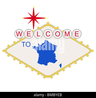 Benvenuti in Francia segno nello stile del famoso favolosa Las Vegas segno, isolati su sfondo bianco. Foto Stock