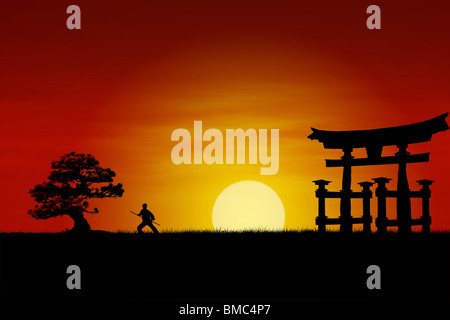 Samurai Giapponese fighter silhouette durante il tramonto perfetto. Foto Stock