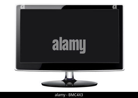 Moderno televisore a schermo piatto in un design elegante nero lucido stile, isolato su uno sfondo bianco con percorso di clipping. Foto Stock